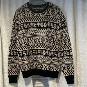 Vans Men's Black and Cream Fair Isle Skulls Crewneck Sweater Small Festive